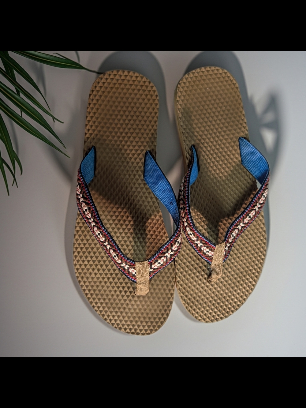 Mossimo Supply Co. Tan Flip-Flop Sandals with Blue and Multicolor Braided Straps